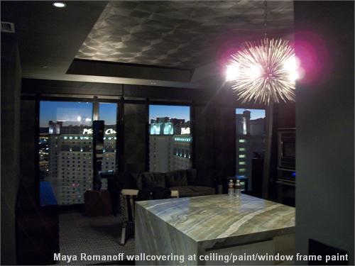 Maya Romanoff wallcovering at ceiling/paint/window frame paint
